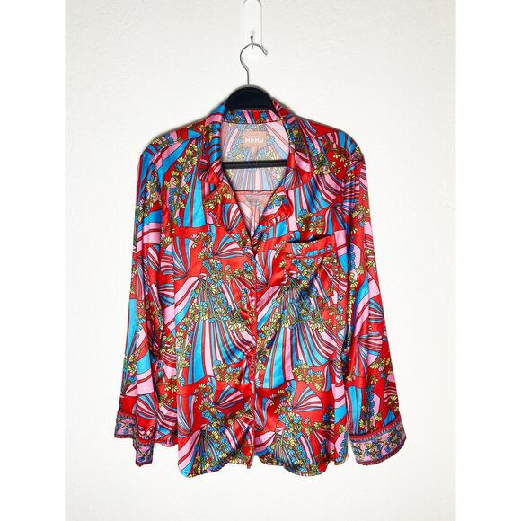 Show Me Your Mumu Women's Pajama Top Positano Paisley Satin Colorful Fan Floral - Picture 3 of 10